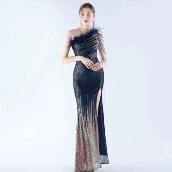 Navy, One Shoulder Beaded, Feather Neck, Sequined/ Mesh, Gradient Mermaid Gown - Picture 12 of 16